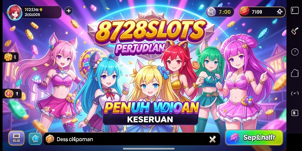 Tampilan gameplay dinamis 8728SLOTS dengan karakter anime yang beraksi.