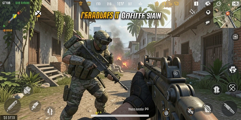 Tampilan gameplay GT108 menampilkan aksi tembak-menembak yang mendebarkan dalam suasana FPS.