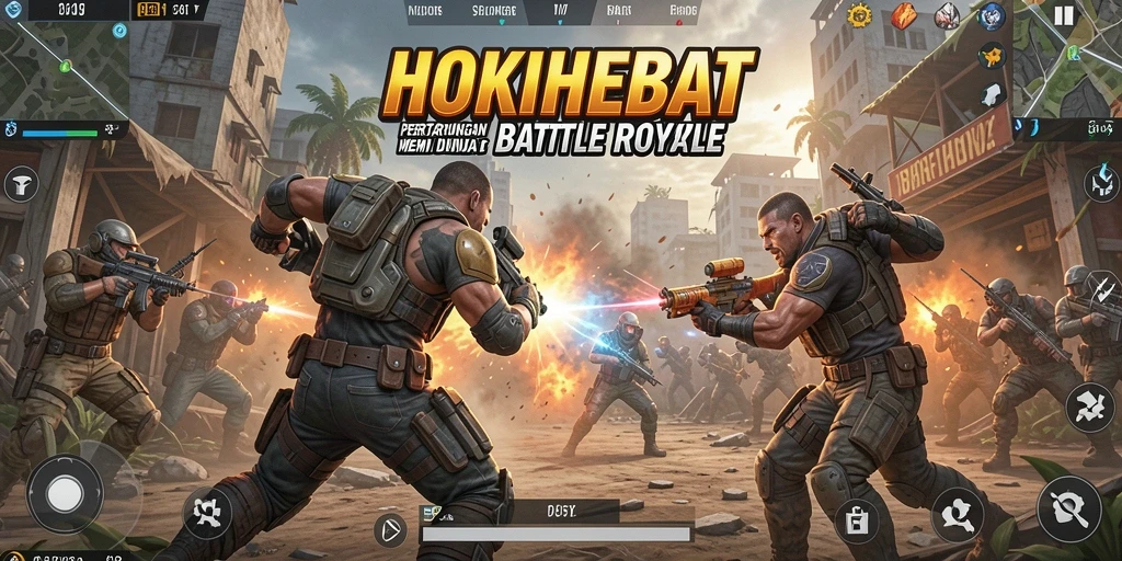 Screenshot utama HOKIHEBAT menunjukkan aksi intens pertempuran Battle Royale.
