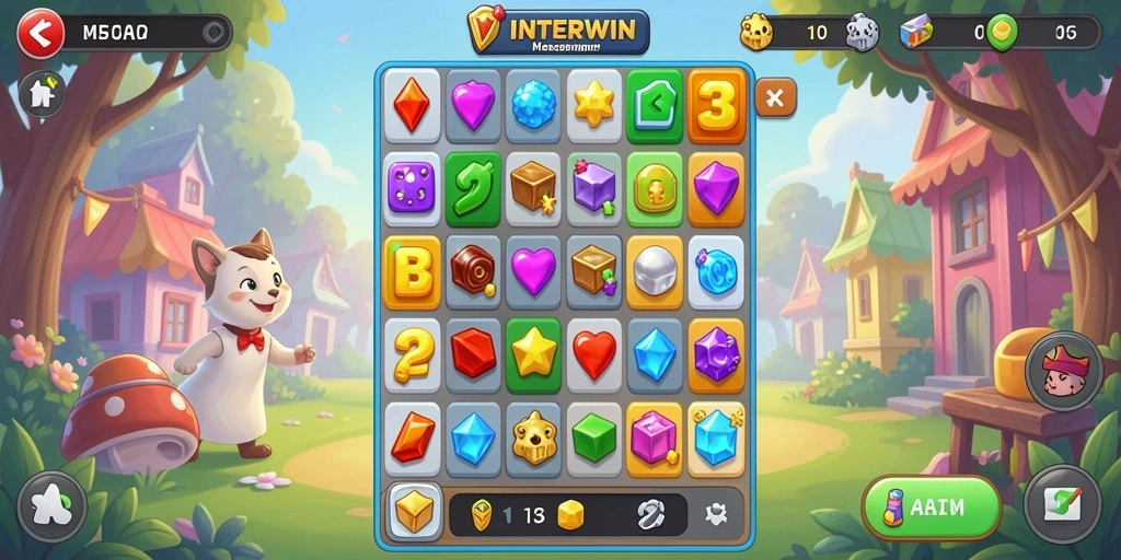 Screenshot utama INTERWIN menampilkan gameplay Match-3 yang seru.
