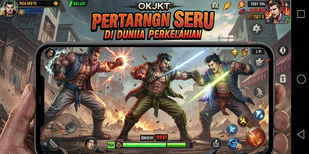 Tangkapan layar gameplay OKJKT menunjukkan karakter bertarung dalam aksi seru dan grafis menawan.
