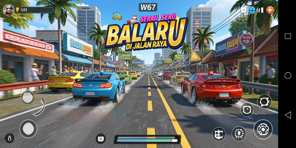 Tampilan seru gameplay W67 dengan mobil balap yang cepat.